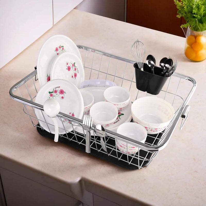 Kuber Industries Stainless Steel Dish Rack for Kitchen | Vessels Organizer Stands With Handle | Spoon Holder & Draining Tray Included | 17x22 Inch - Image 2