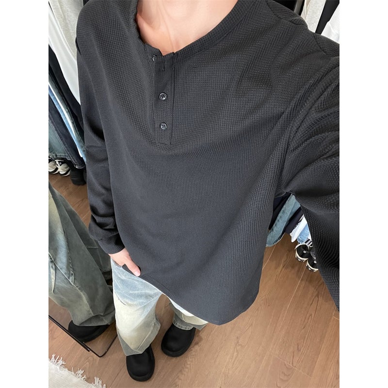 Gray Fake Two-Piece Long-Sleeved Henry Collar T-Shirt For Boys In Autum, Waffle Sweatshirt, Korean Style Inner Layering Shirt - Image 1