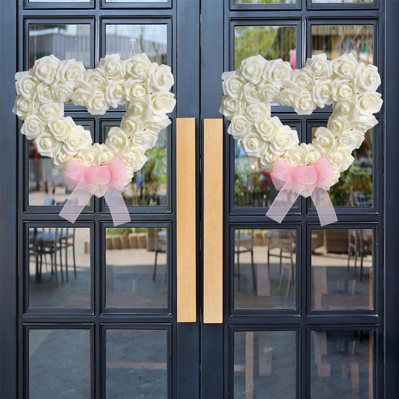 Valentines Day Heart Shaped Rose Wreath Artificial White Rose Love Garland for Wedding Party Decorations