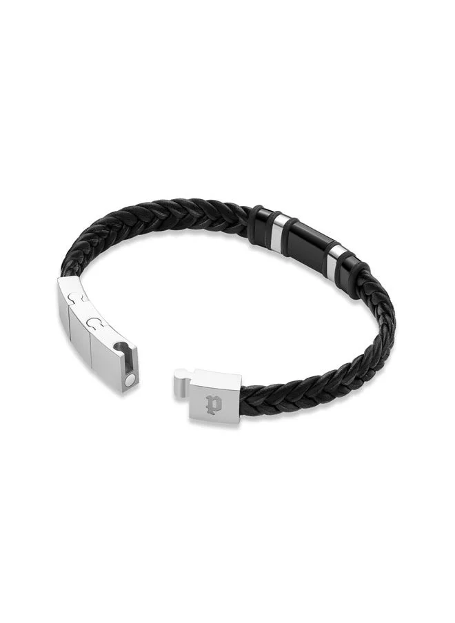 POLICE Weavebreaker BraceletBraided Black Leather with Black Wing Logo Plaque and P Logo ClosureBold Men's Style