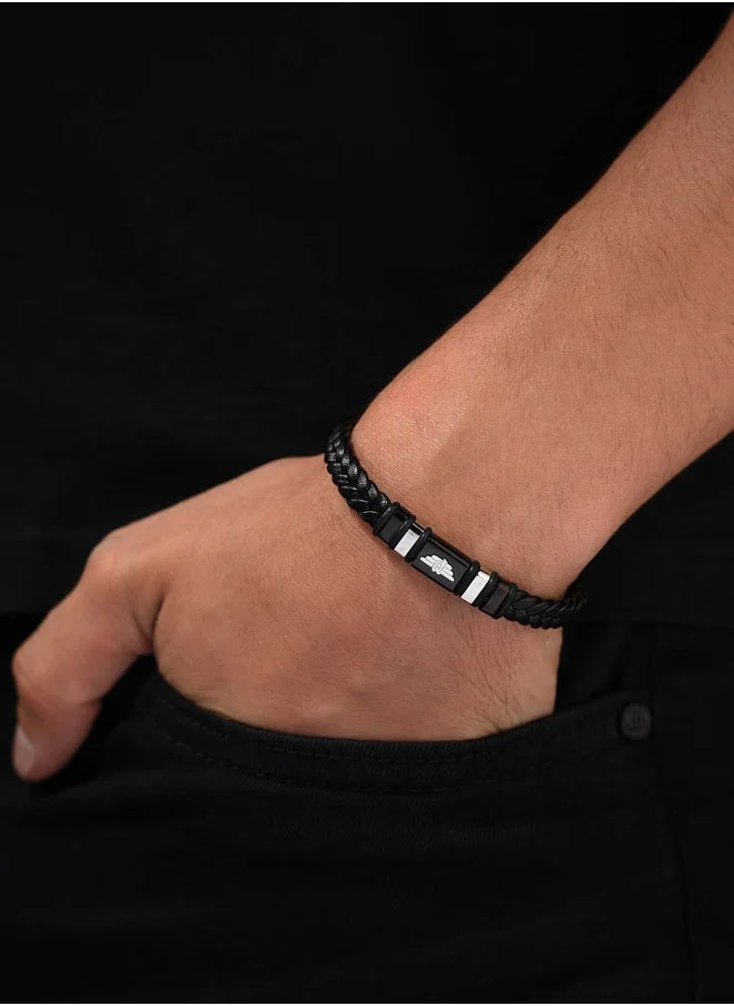 POLICE Weavebreaker BraceletBraided Black Leather with Black Wing Logo Plaque and P Logo ClosureBold Men's Style