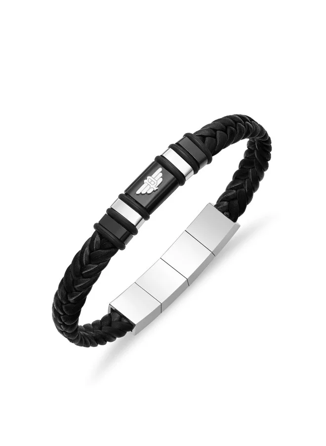 POLICE Weavebreaker BraceletBraided Black Leather with Black Wing Logo Plaque and P Logo ClosureBold Men's Style