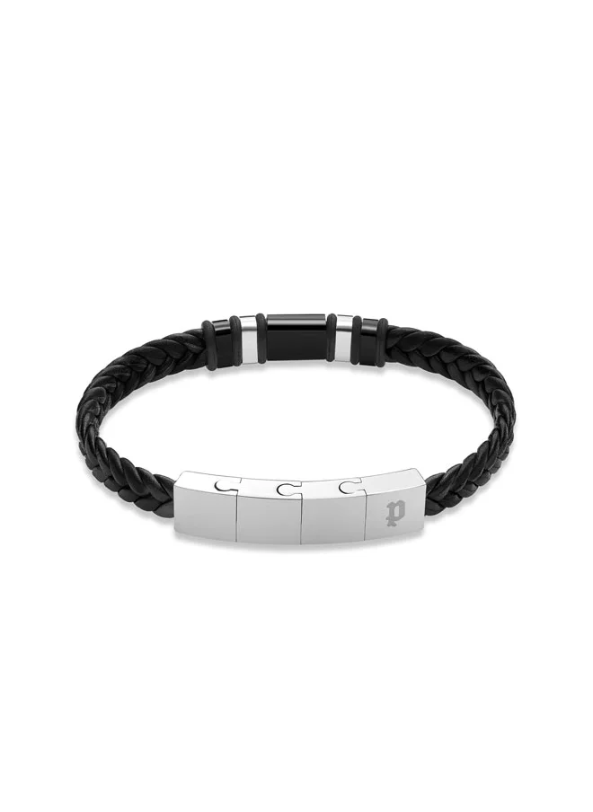 POLICE Weavebreaker BraceletBraided Black Leather with Black Wing Logo Plaque and P Logo ClosureBold Men's Style