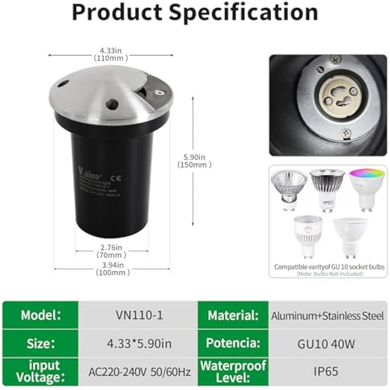 V.nice GU10 LED Inground Lights – 40W Replaceable Bulb Outdoor Uplight, IP65 Waterproof Pathway Driveway Light, Stainless Steel Cover, 6000K, 3 Models for Landscape & Garden - Image 2