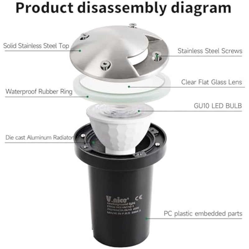 V.nice GU10 LED Inground Lights – 40W Replaceable Bulb Outdoor Uplight, IP65 Waterproof Pathway Driveway Light, Stainless Steel Cover, 6000K, 3 Models for Landscape & Garden - Image 3