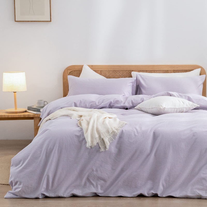 BESTOUCH Duvet Cover Set 100 Washed Cotton Linen Feel Super Soft Comfortable Chic Lightweight 3 PCs Home Bedding Set Solid Taro Purple Queen