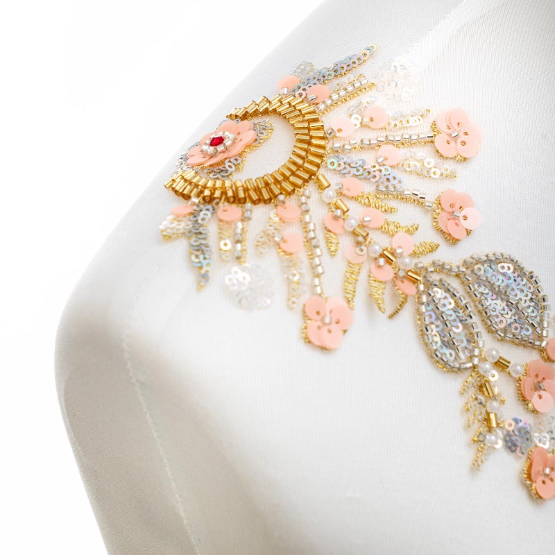 Silvora Pair Embroidery Pearl Sequin Applique,Gold Beaded Flower Applique for Dress Bodice Costume Clothing Craft DIY (Gold-1) - Image 4