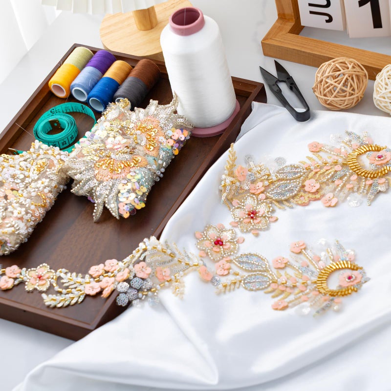 Silvora Pair Embroidery Pearl Sequin Applique,Gold Beaded Flower Applique for Dress Bodice Costume Clothing Craft DIY (Gold-1) - Image 3