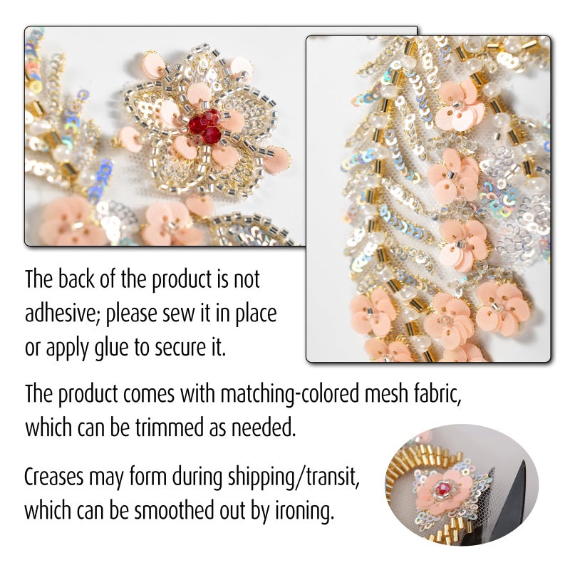 Silvora Pair Embroidery Pearl Sequin Applique,Gold Beaded Flower Applique for Dress Bodice Costume Clothing Craft DIY (Gold-1) - Image 5