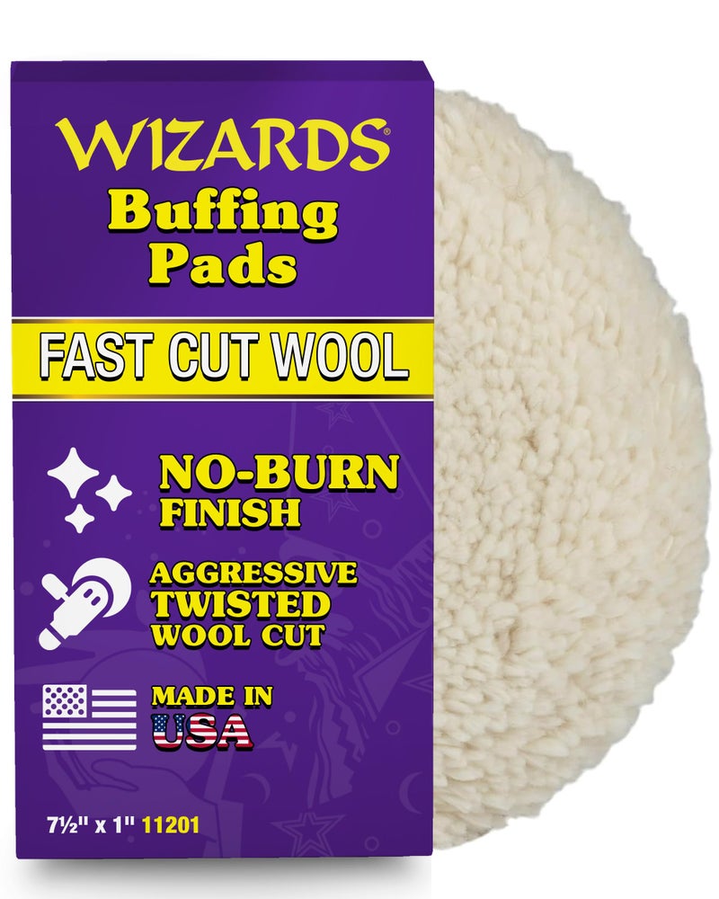 Wizards Fast Cut Wool Buffing Pad - Twisted Wool ‎and Velcro-Backed Wax Applicator Pad - for Auto Detailing, Cleaning and Protection - Aggressively Cuts Without Burning Paint - 7½" x 1" - Image 1