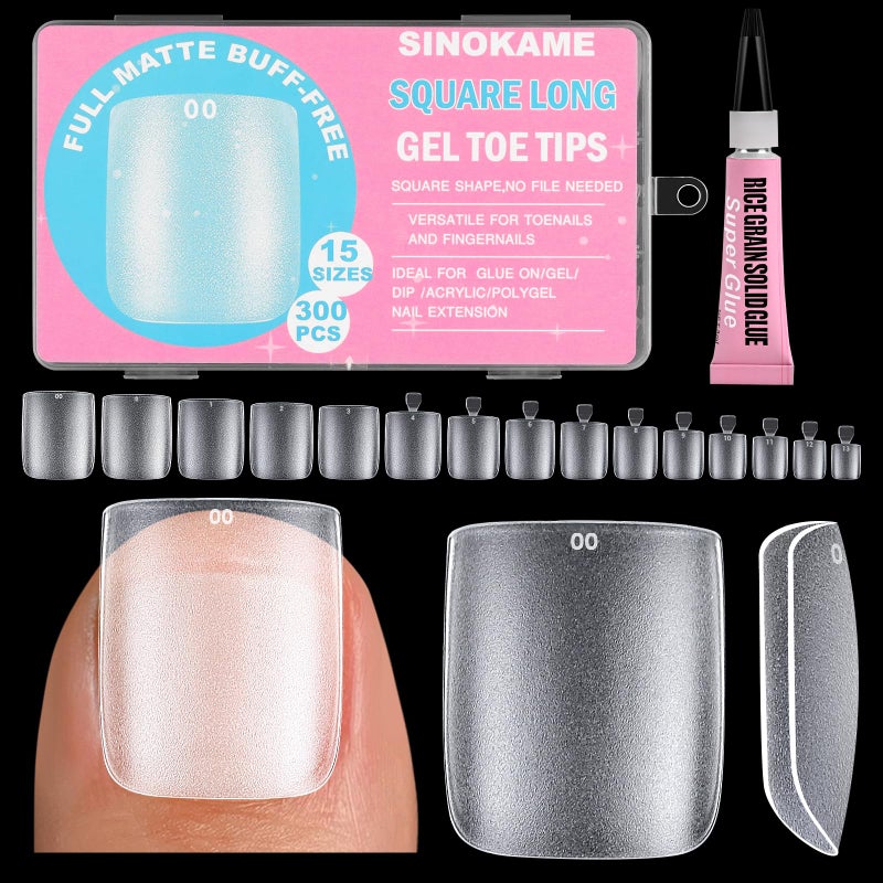 SINOKAME Wider Long Square Toe Nail Tips Full Cover with Glue, SINOKAME No File Matte Toe Nail Press Ons Clear, Soak Off Fake Toenails Extensions DIY Home Manicure Kit for Women &Men,300 Pcs 15 Sizes - Image 1