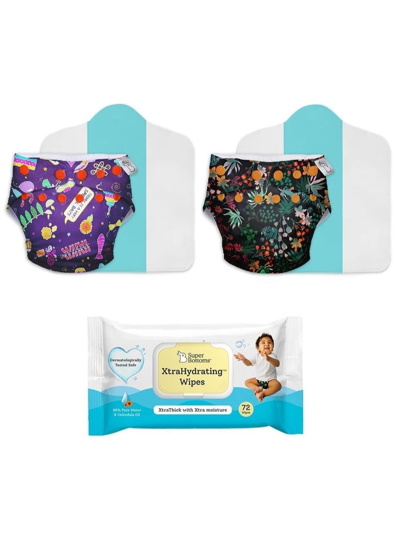 Superbottoms 2PCS Cloth Diapers for Babies with 72 XtraHydrating Wipes - Fits up to 5-17kgs - Freesize Washable & Reusable Waterproof Adjustable Cloth Diaper for Babies - Dry Feel Pad - Gentle on Skin - Image 1