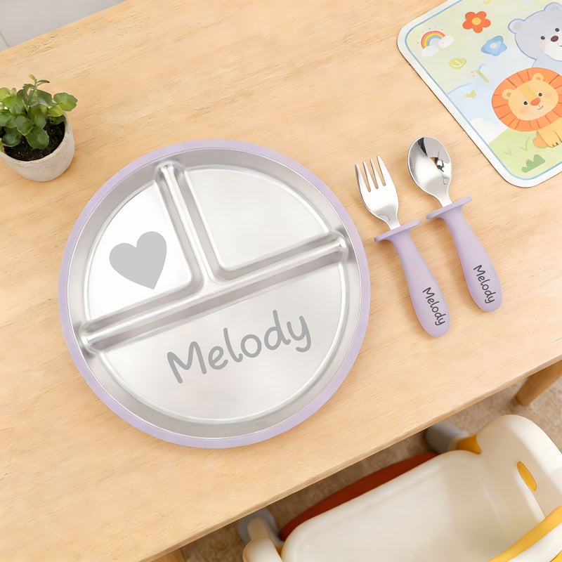 Grey Engraved Stainless Steel Weaning Kit With Fork And Spoon For Kids - Image 5