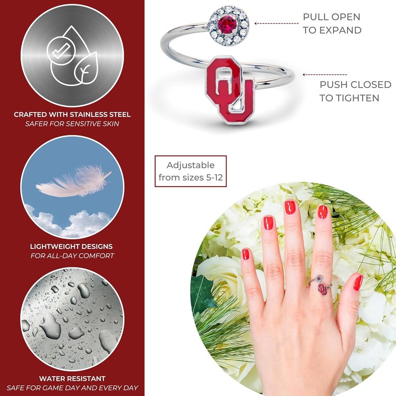 Stone Armory University of Oklahoma Sooner Gifts for Women - Oklahoma Sooners Ring with Crystals - Hypoallergenic and Adjustable Sizes 5-12 - University of Oklahoma Jewelry and OU Gifts - Image 2