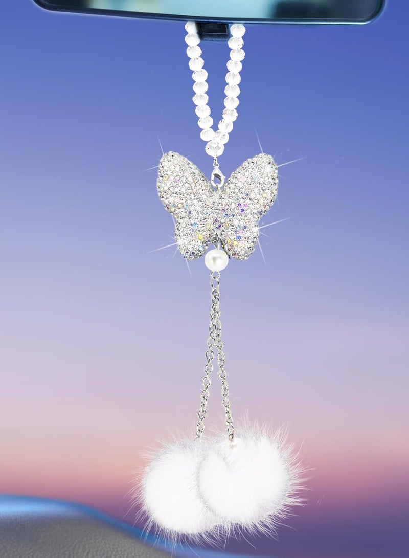 Generic Crystal butterfly stone rearview mirror pendant, plush ball car pendant, car diamond decorative accessories  - Image 1
