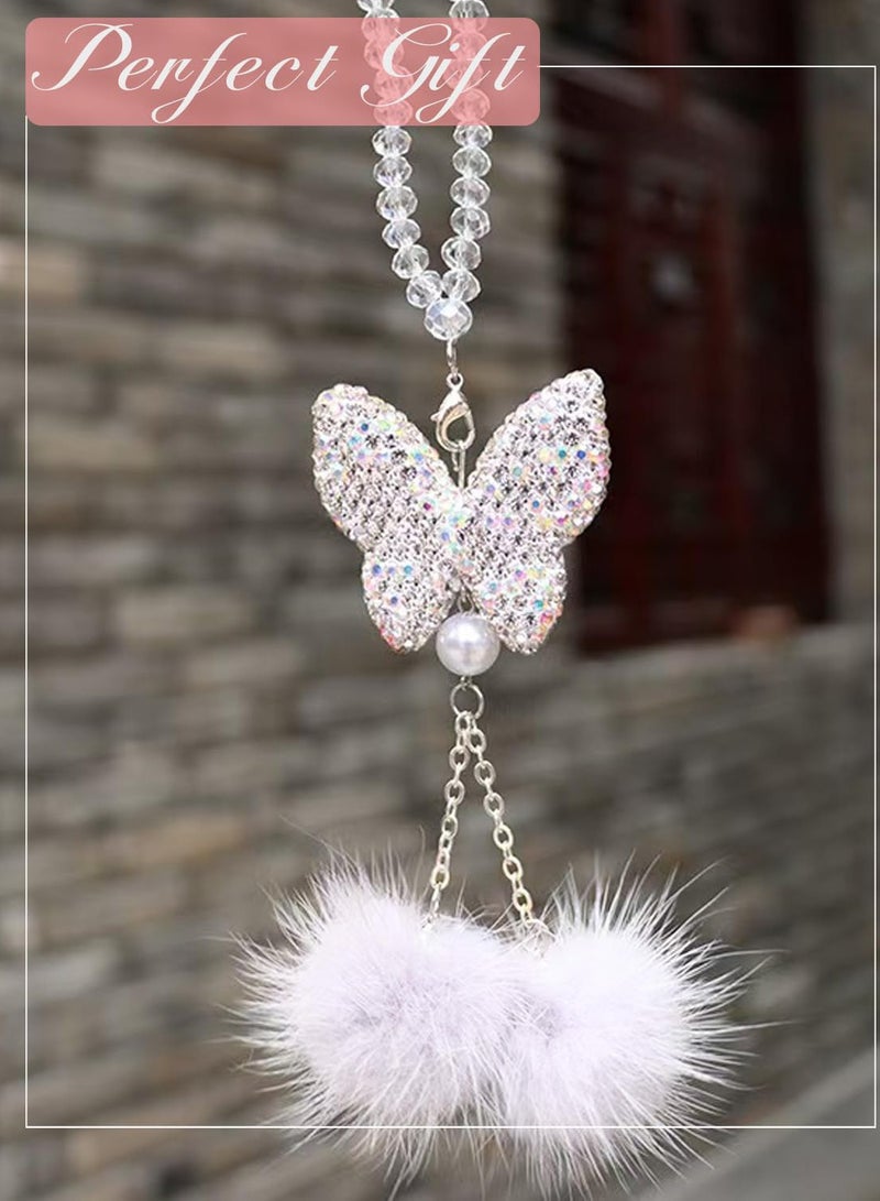 Generic Crystal butterfly stone rearview mirror pendant, plush ball car pendant, car diamond decorative accessories  - Image 5