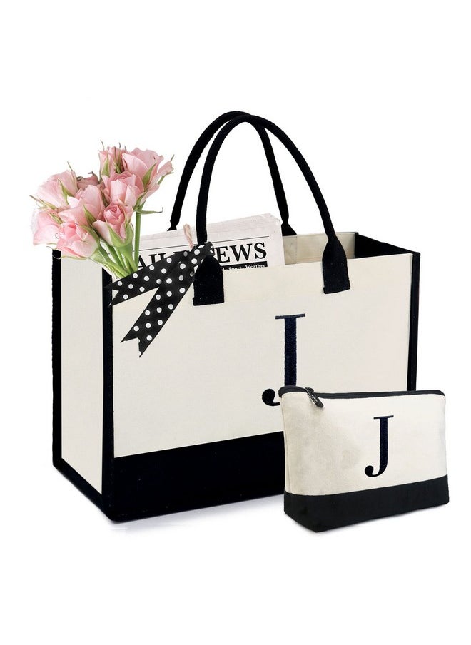 BeeGreen - Initial-Canvas-Tote-Bag-For-Women With Makeup Bag, Large Monogram Embroidery Canvas Bag, Personalized Gifts Bag For Mother Sister Her Coworker Birthday Wedding Valentine'S Day Gifts J - Image 1