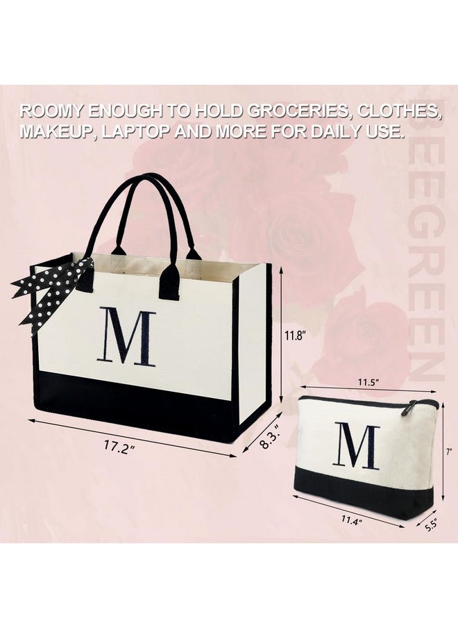 BeeGreen - Initial-Canvas-Tote-Bag-For-Women With Makeup Bag, Large Monogram Embroidery Canvas Bag, Personalized Gifts Bag For Mother Sister Her Coworker Birthday Wedding Valentine'S Day Gifts J - Image 1