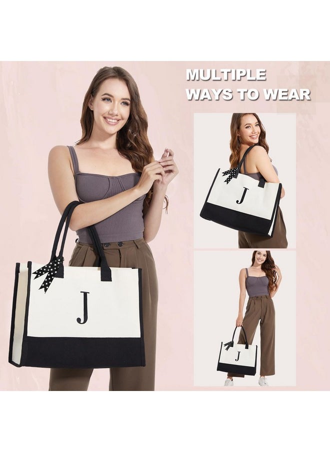 BeeGreen - Initial-Canvas-Tote-Bag-For-Women With Makeup Bag, Large Monogram Embroidery Canvas Bag, Personalized Gifts Bag For Mother Sister Her Coworker Birthday Wedding Valentine'S Day Gifts J - Image 1
