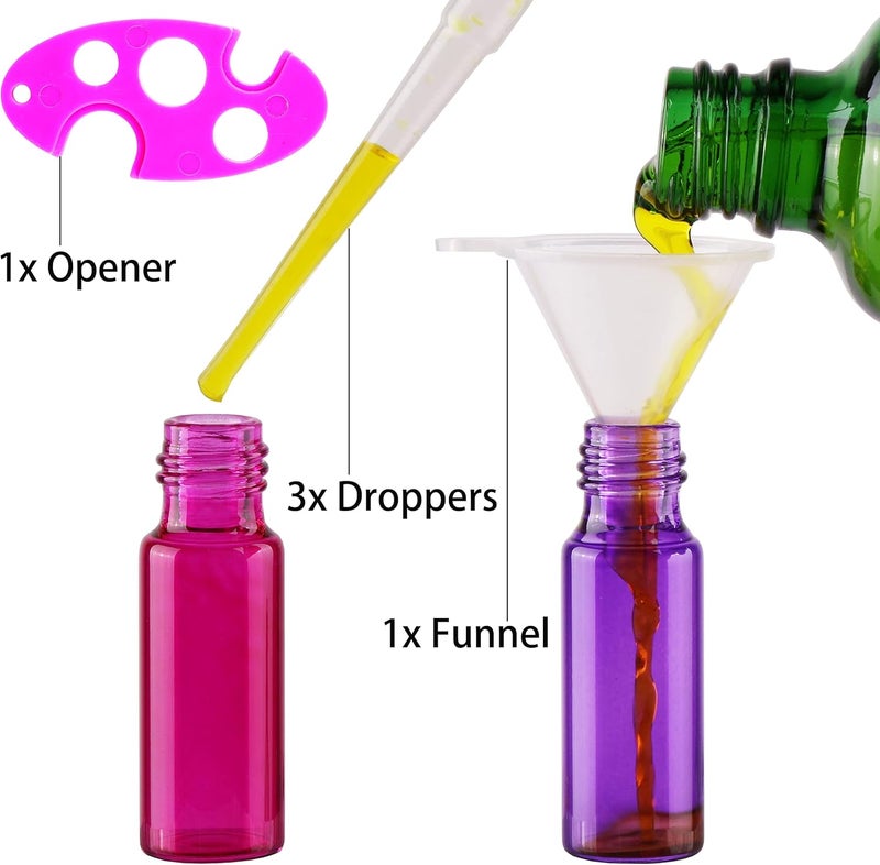 MAXMAU 24X Coloured Roller Bottles for Essential Oils Perfume 5ml Refillable Glass Bottle Metal Roll On Ball Golden Cap with Accessories Opener Funnel Droppers Included - Image 2