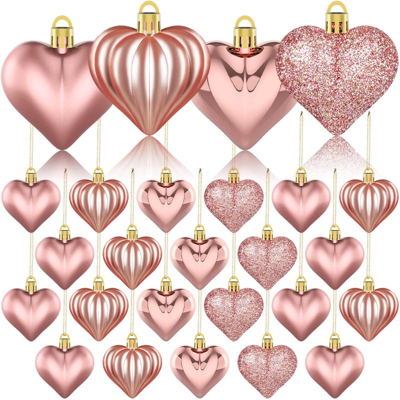 36Pcs Valentines Day Decor Heart Ornaments Rose Gold Heart Shaped Baubles Ornaments for Valentines Day Hanging Decorations or Wedding Anniversary Party Supplies Home Tree Decorations 4 Styles