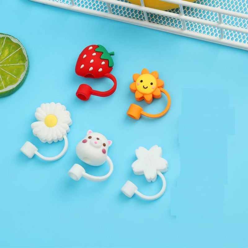 Newvent ® 5Pcs Silicone Straw Cover Cap | Reusable Cute Cartoon Straw Cap | Dust-Proof Drinking Straw Tips Lids Cover (Size : 9mm, Multi-Design) - Image 1
