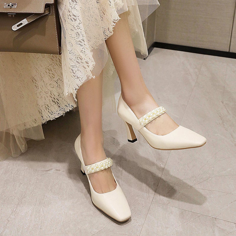 Early Spring 2021New British Style Square Toe Women'S Shoes 40-48 Plus Size Pearl Shallow Mouth Fashion Shoes - Image 2