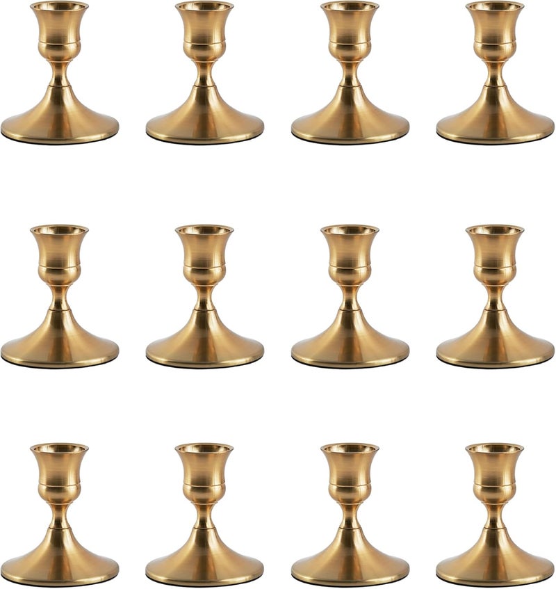 AGANS Willceka Gold Taper Candle Holder, Brass Candlestick Holders, Vintage Metal for Table Centerpieces Wedding Christmas Decor (Gold, 12 Pcs) - Image 1