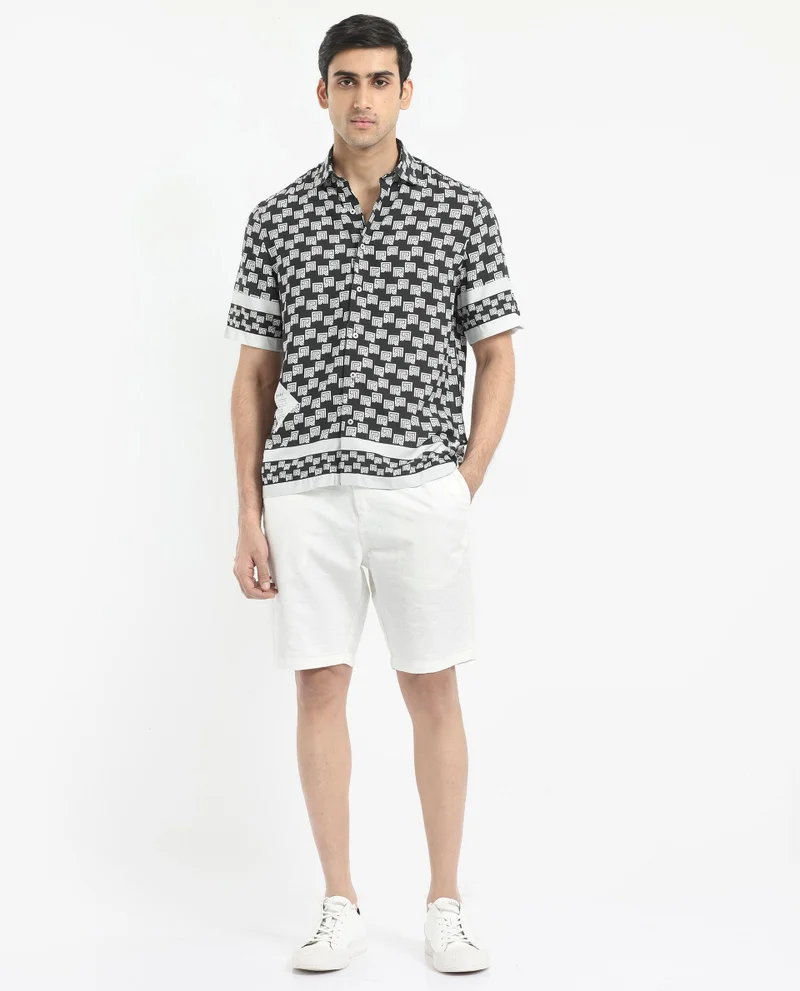 Rare Rabbit Rare Rabbit Men's Vito Black Viscose Fabric Short Sleeve Boxy Fit Monogram Print Shirt
