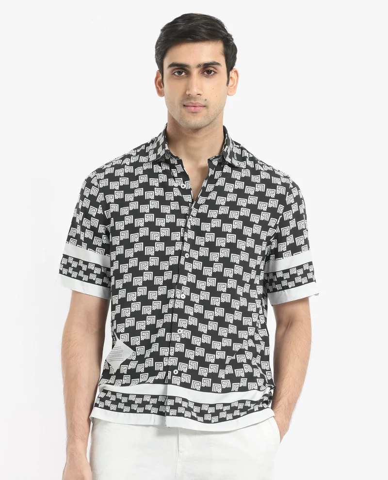 Rare Rabbit Rare Rabbit Men's Vito Black Viscose Fabric Short Sleeve Boxy Fit Monogram Print Shirt