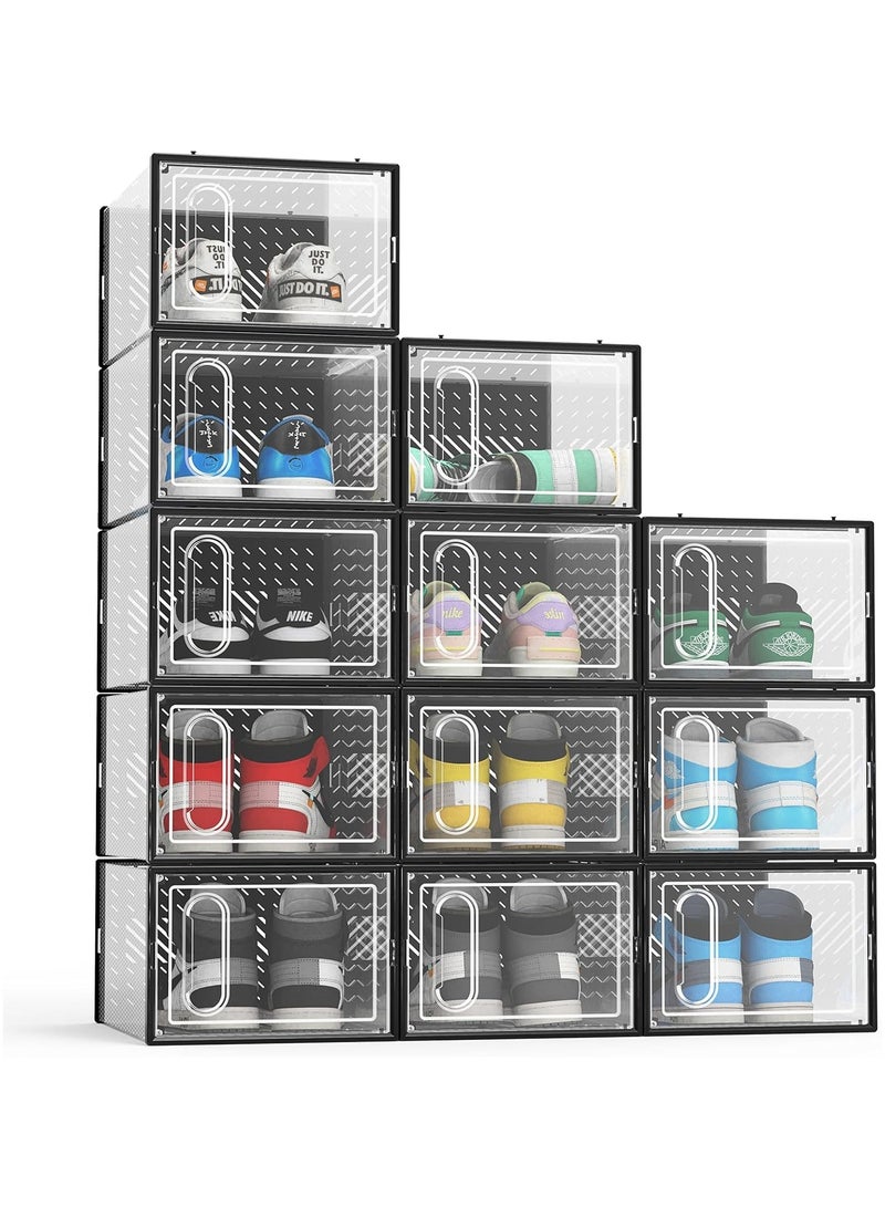 FALAHOM 12 Pack Clear Shoe Storage Boxes Sneaker Organizer Transparent Magnetic Door, Stackable Shoe Organizer for Closet, Space Saving Sneaker Shoe Rack for Boot & High Heels (Black) 