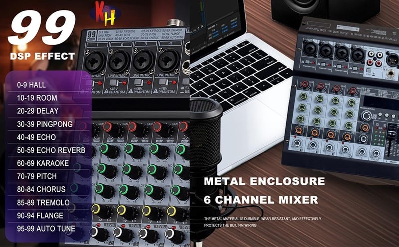 kh Audio Mixer 6 Channel for Stage Live Studio Stereo Recording DJ Stage Professional Audio Mixer Sound Board Console System Interface 6 Channel 48V Phantom Power (6 Channel DSP) - Image 4