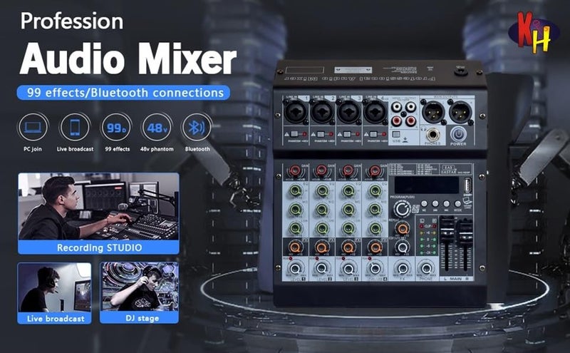 kh Audio Mixer 6 Channel for Stage Live Studio Stereo Recording DJ Stage Professional Audio Mixer Sound Board Console System Interface 6 Channel 48V Phantom Power (6 Channel DSP) - Image 3