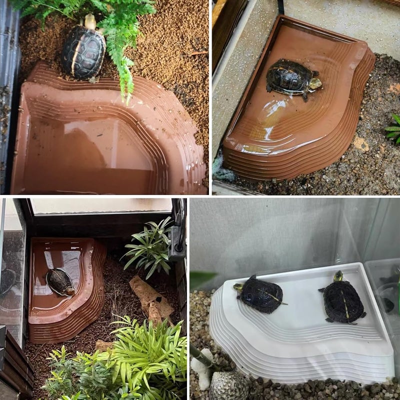 YUEMOOLIX 3 Pcs Tortoise Water Dish with Ramp Leaf Tortoise Water Food Bowls Reptile Water Dish Amphibians Habitat Accessories for Lizard Turtle Horned Frog Brown - Image 5