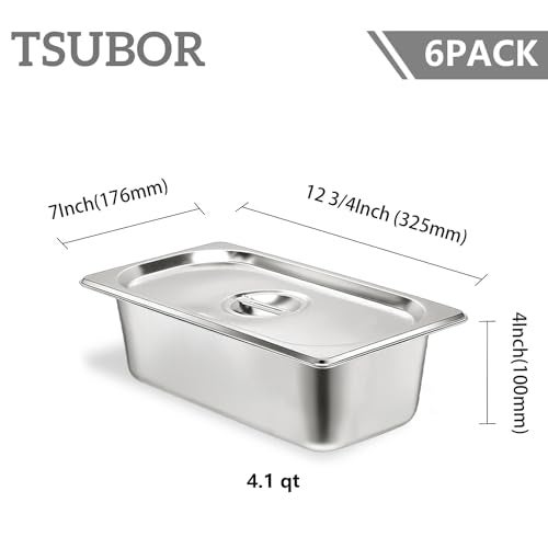 TSUBOR 6 Set Stainless Steel Hotel Pans 1/3 Size 4 Inch Deep With Lids, Anti-Jam Chafing Steam Table Pans, Catering Food Storage Metal Pan - Image 2