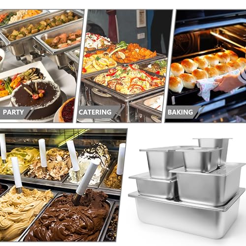 TSUBOR 6 Set Stainless Steel Hotel Pans 1/3 Size 4 Inch Deep With Lids, Anti-Jam Chafing Steam Table Pans, Catering Food Storage Metal Pan - Image 5