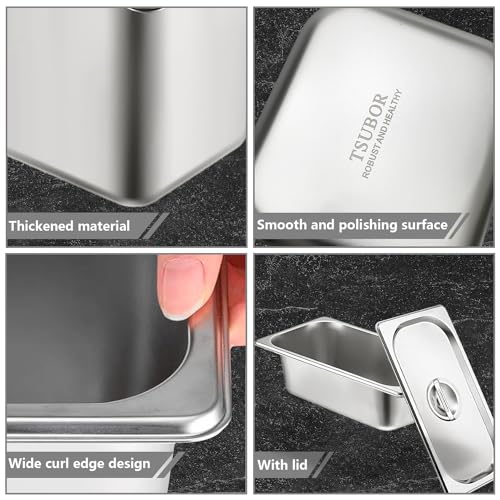 TSUBOR 6 Set Stainless Steel Hotel Pans 1/3 Size 4 Inch Deep With Lids, Anti-Jam Chafing Steam Table Pans, Catering Food Storage Metal Pan - Image 4