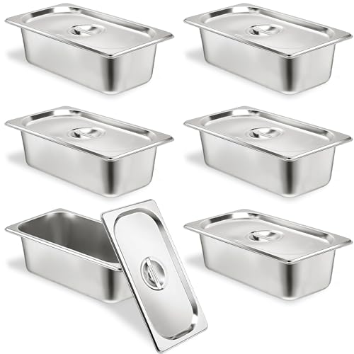 TSUBOR 6 Set Stainless Steel Hotel Pans 1/3 Size 4 Inch Deep With Lids, Anti-Jam Chafing Steam Table Pans, Catering Food Storage Metal Pan - Image 1