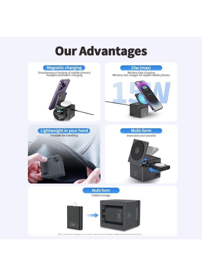 3-in-1 Wireless Charging Station Cube – 15W Fast Charging Foldable Charger Dock for iPhone, Apple Watch & AirPods, Portable Magnetic Wireless Charger Stand for Travel & Home Use (Black/White) - Image 3