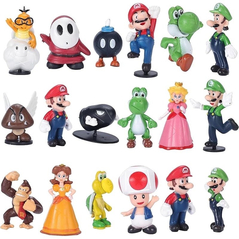 Mario & Luigi Figurines Toy Cake Toppers, Birthday Party Decoration Set Mystery Box Room and Office Decor Collection (18-Pack)