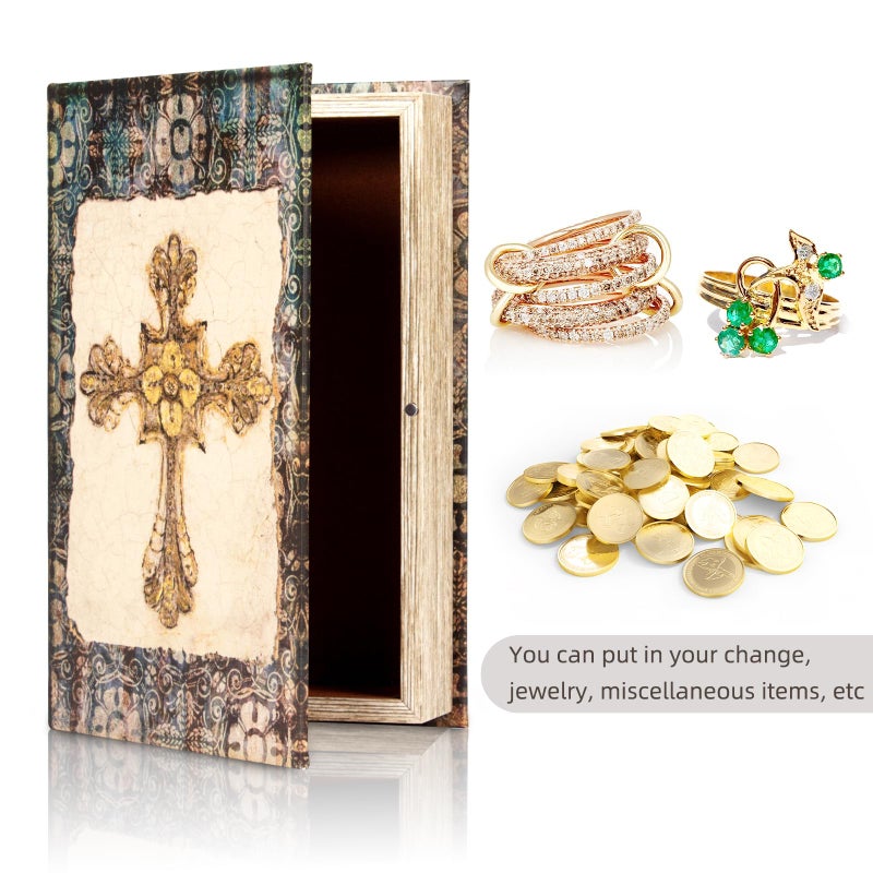 DROFELY Vintage Style Wooden Decorative Book Box - Faux Leather, Christian Cross Pattern, Gift Idea - Image 5