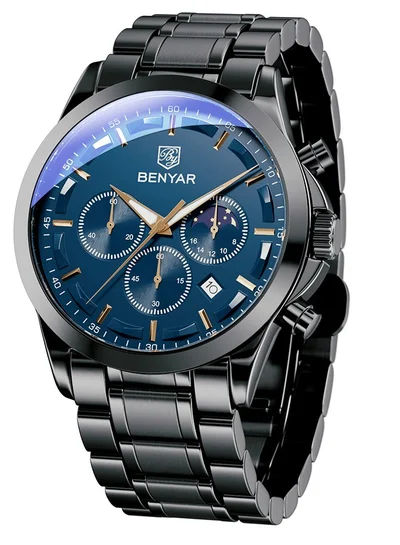 بينيار بواسطة بينيار الرجال ساعة كرونوغراف 30 متر للماء مضيئة كلاسيكية ساعات الأزياء رقم كبير تاريخ التناظرية ساعة الكوارتز هدية أنيقة للرجال