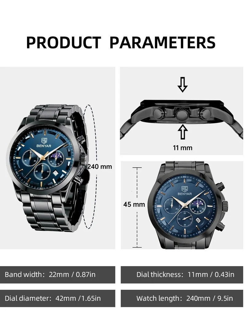 Benyar BLACK B BY BENYAR Men's Chronograph Watch 30 m Waterproof Luminous Classic Fashion Watches Large Dial Date Analogue Quartz Watch Elegant Gift for Men for Men | Best Price UAE