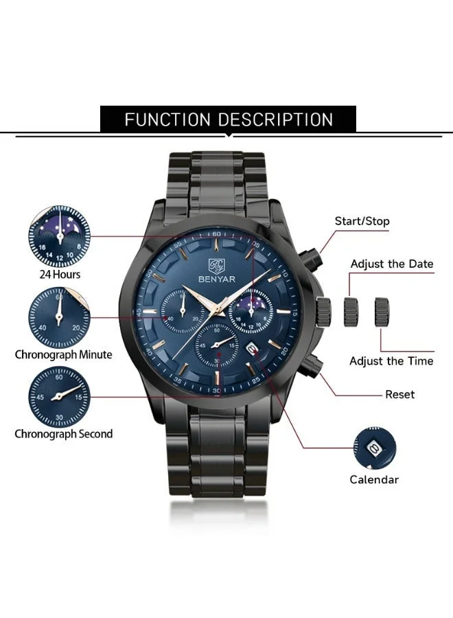Benyar BLACK B BY BENYAR Men's Chronograph Watch 30 m Waterproof Luminous Classic Fashion Watches Large Dial Date Analogue Quartz Watch Elegant Gift for Men for Men | Best Price UAE