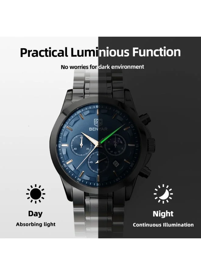 Benyar BLACK B BY BENYAR Men's Chronograph Watch 30 m Waterproof Luminous Classic Fashion Watches Large Dial Date Analogue Quartz Watch Elegant Gift for Men for Men | Best Price UAE