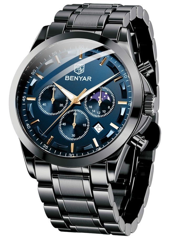 BENYAR BY BENYAR Men's Chronograph Watch 30 m Waterproof Luminous Classic Fashion Watches Large Dial Date Analogue Quartz Watch Elegant Gift for Men - Image 1