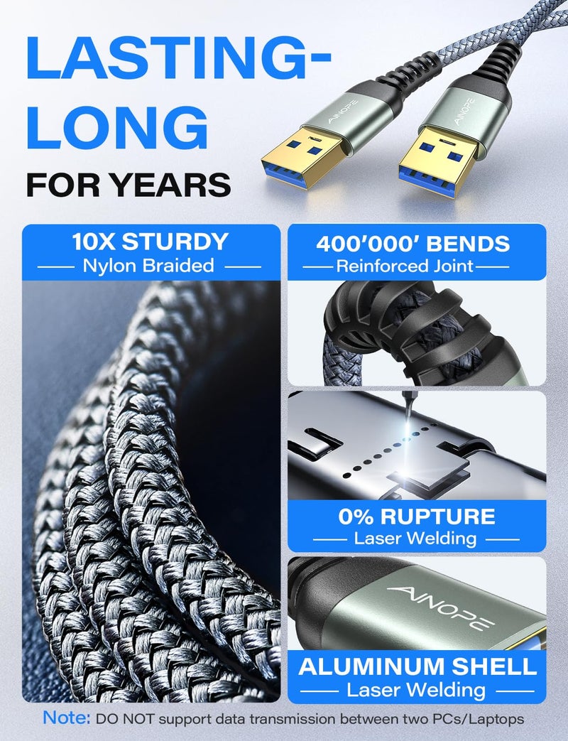 AINOPE USB to USB Cable, USB 3.0 A to A Male to Male Cable [Never Rupture] Double End Type A Cord Compatible with Hard Drive Enclosures, KVM, DVD Player, TV, Laptop Cooler, 3.3Ft/Grey - Image 3