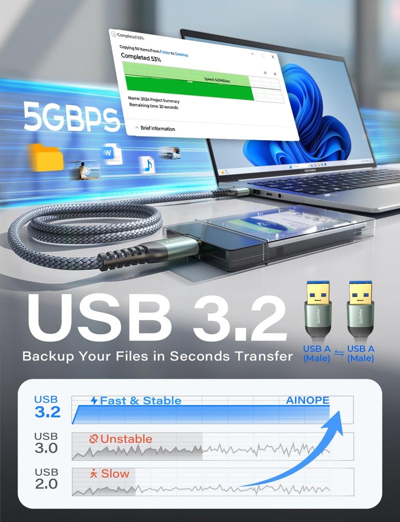 AINOPE USB to USB Cable, USB 3.0 A to A Male to Male Cable [Never Rupture] Double End Type A Cord Compatible with Hard Drive Enclosures, KVM, DVD Player, TV, Laptop Cooler, 3.3Ft/Grey - Image 4