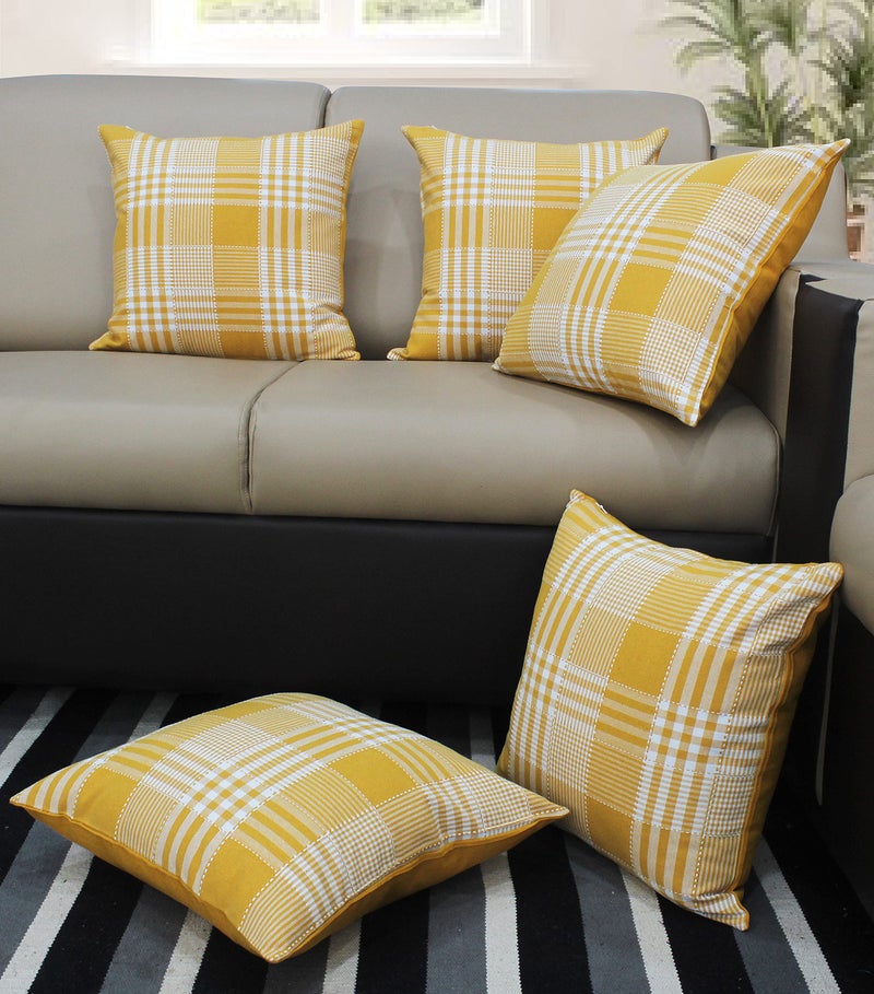 AIRWILL Cotton Gingham Check Yellow Themed Cushion Covers for Cushions & Pillows (Yellow & White, Pack of 5) - Image 1