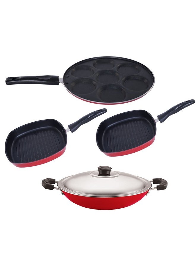 Nirlon Nirlon Non-Stick Aluminum Cookware Set, 4-Piece, Red and Black (UP7_AC_GP22.5_GP24) 